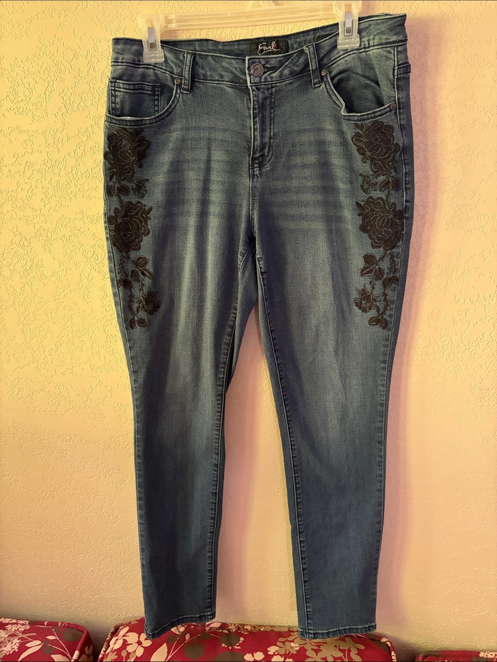 Earl Jeans Blue Skinny Jeans with Black Floral Embroidery